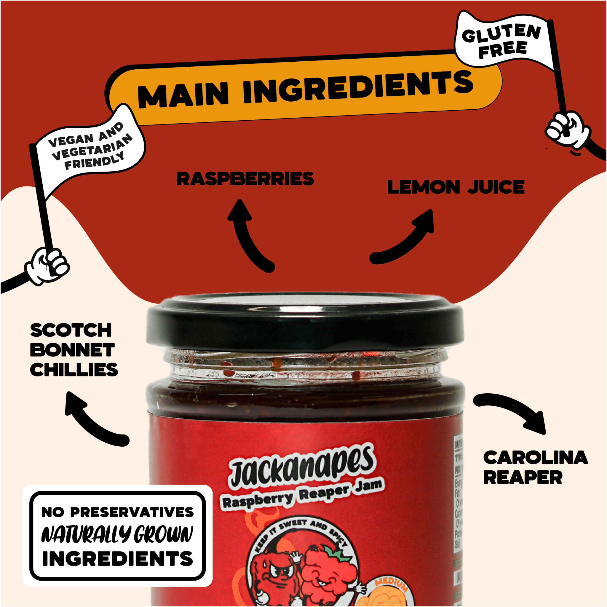 Raspberry Reaper Jam by Jackanapes 190g - Medium Heat Vegan Chilli Jam with Raspberries, Carolina Reaper and Scotch Bonnet Chillies - Made in the UK