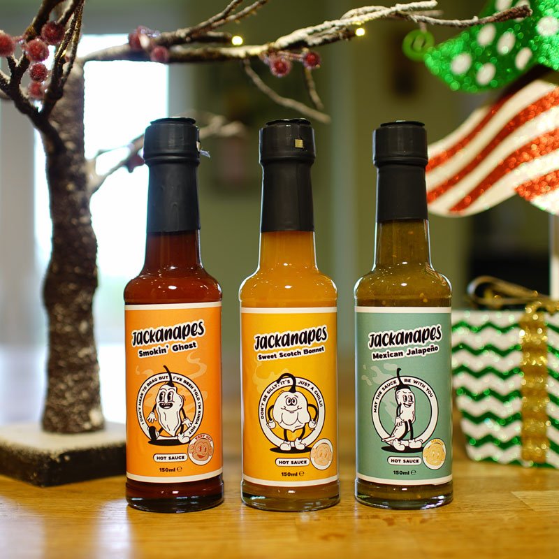 Hot Sauce Gift Pack by Jackanapes – 3 x 150ml Bottle Vegan Chilli Sauce Gift Set - Mild Mexican, Hot Sweet Scotch Bonnet and Very Hot Smokin’ Ghost