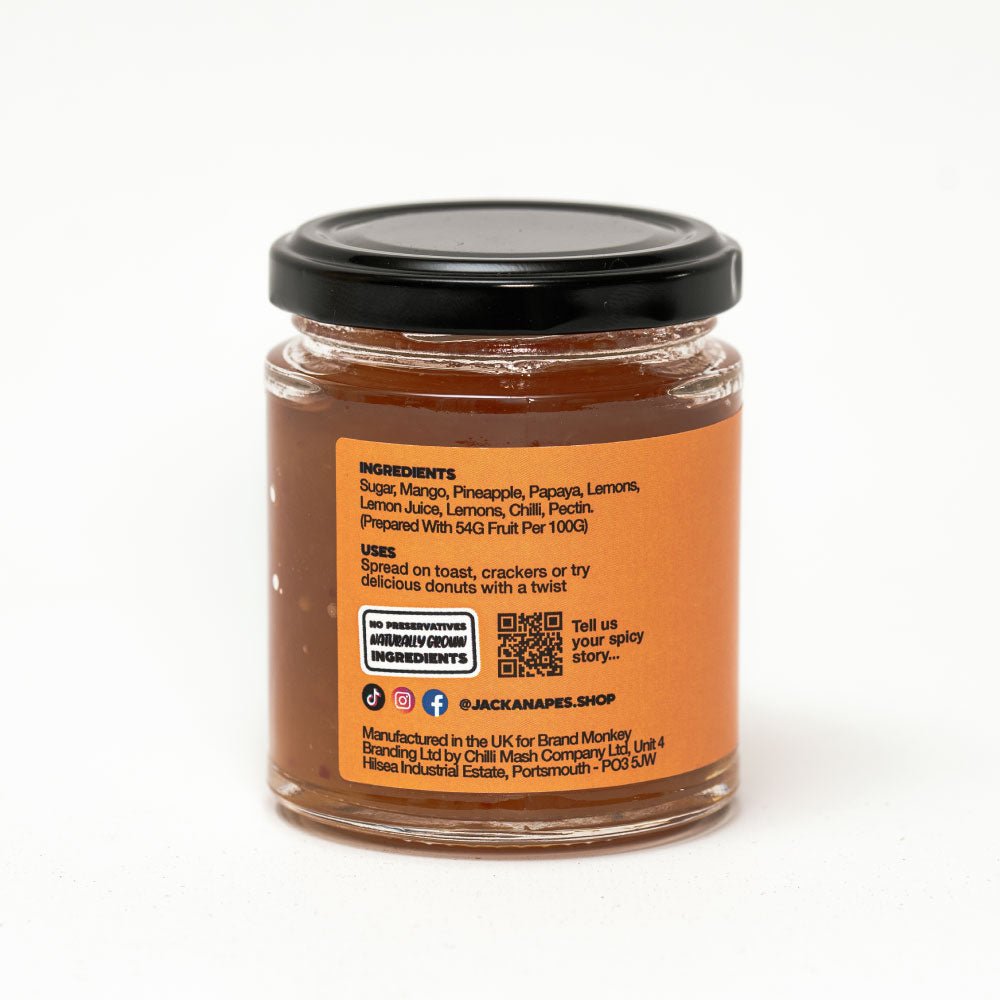 Tropical Chilli Jam 190g - Medium Heat Lemon Drop Vegan Chilli Jam with Mango, Pineapple and Papaya - Made in the UK